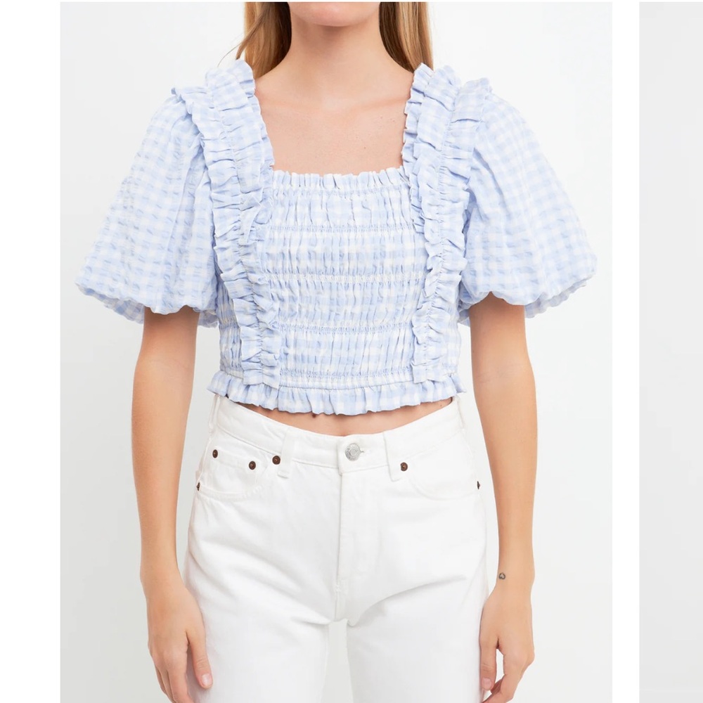 English Factory Light Blue Checkered Ruffle Blouse